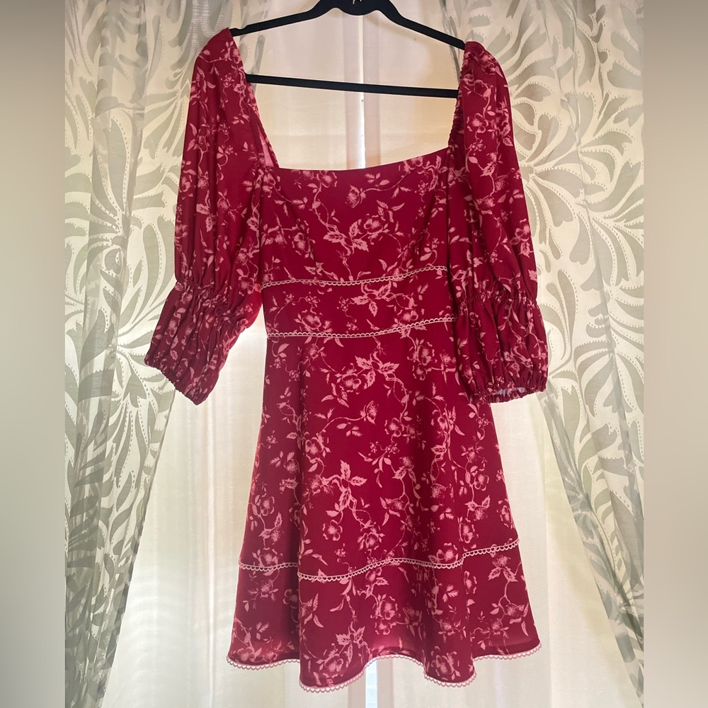 KEEPSAKE Lovesick Tiered Puff Sleeve Floral Print Embroidered Trim Dress